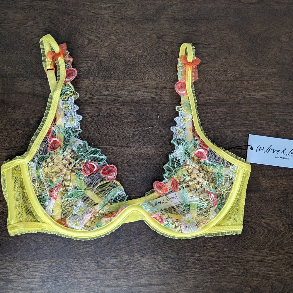For Love And Lemons Yellow Floral Lace Embroidered Bra 34B
